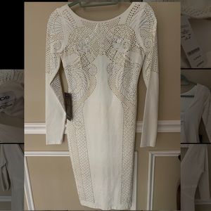 Bebe white sparkly long sleeved cocktail dress sm